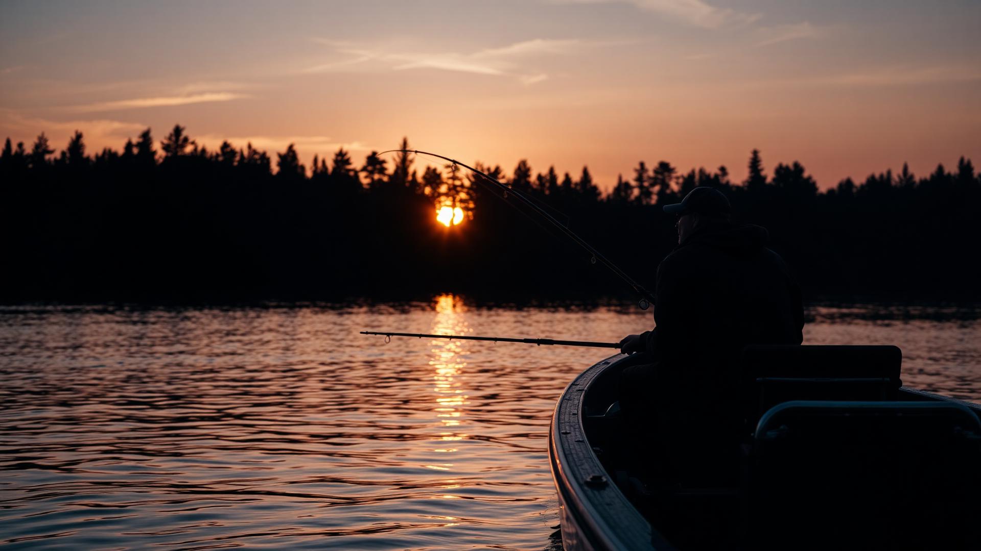 Fiskare i båt på en skogssjö i solnedgång, med spöet böjt över vattnet.