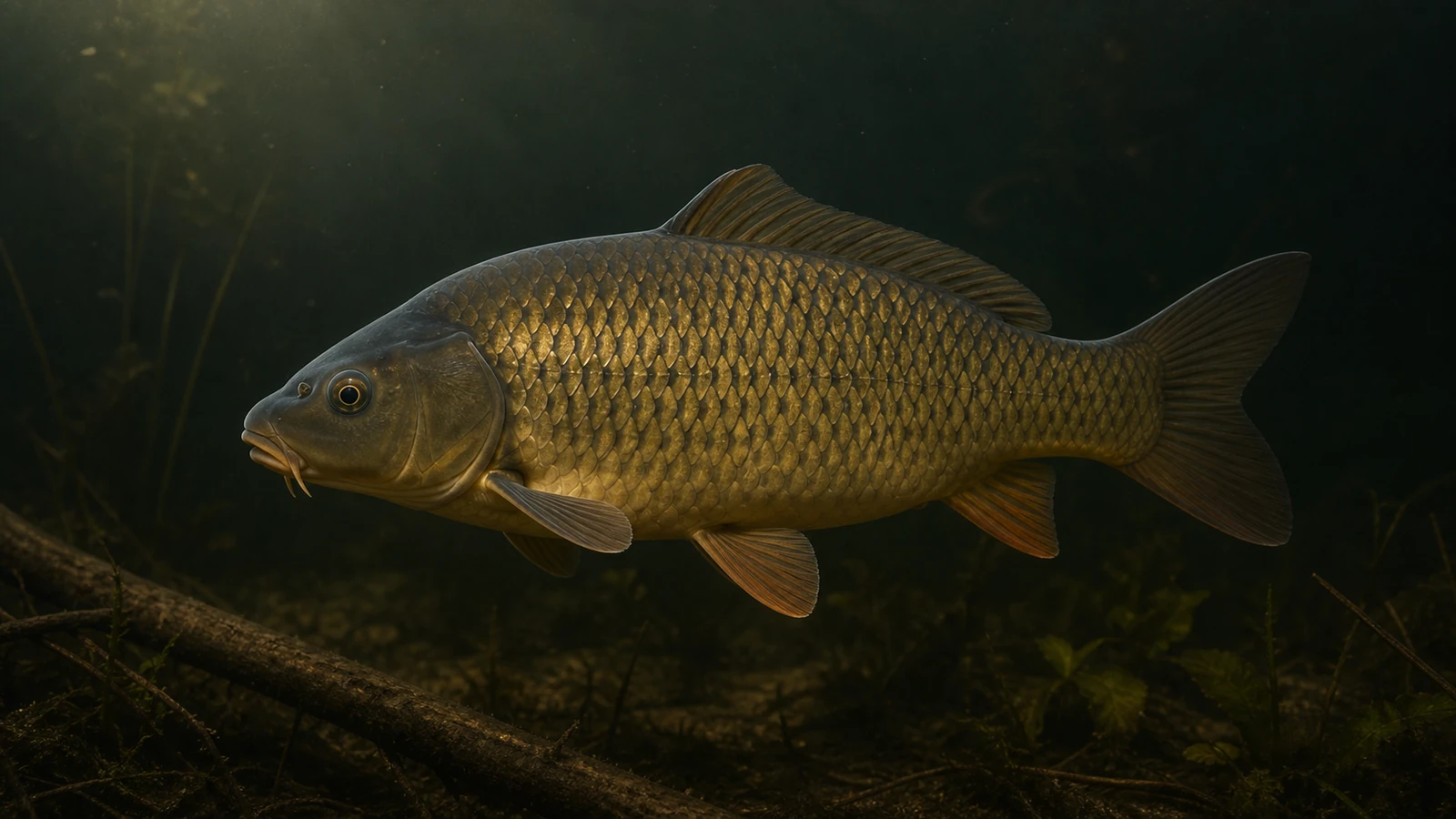 En fullfjällig karp i sidoprofil över dybotten och sjunken ved.