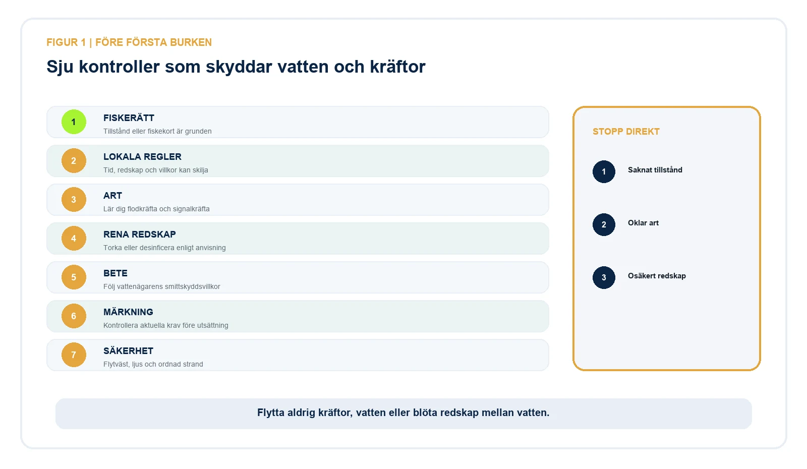 Sju kontroller före kräftfiske: fiskerätt, lokala regler, art, rena redskap, bete, märkning och säkerhet.