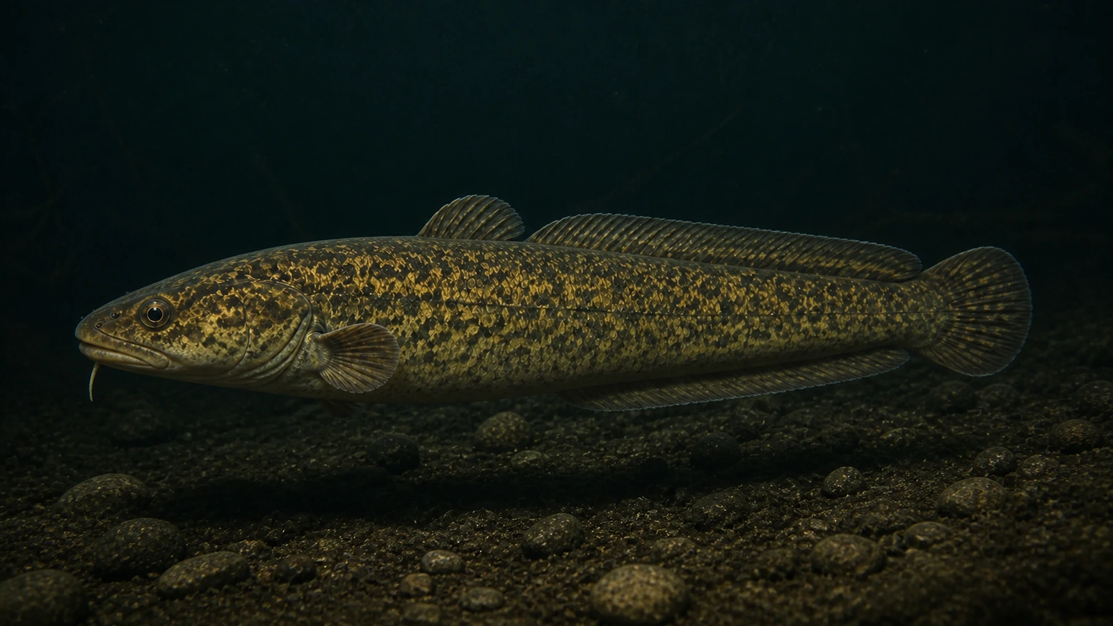 En marmorerad lake med skäggtöm under hakan nära botten i mörkt vatten.