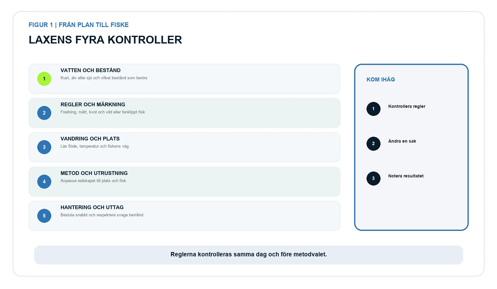 Fem kontroller för laxfiske: vatten, bestånd, regler, vandring, metod och hantering.