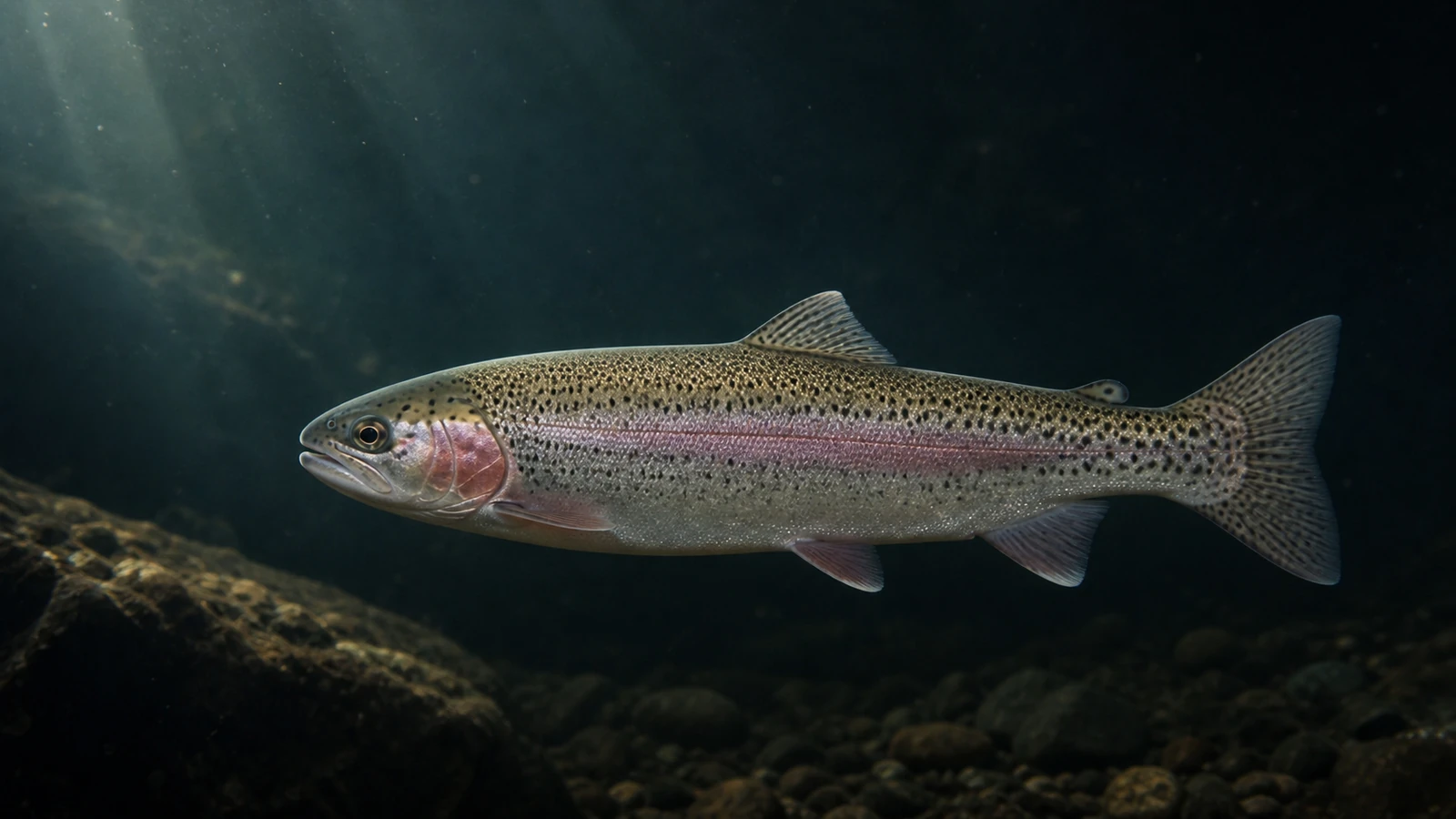 En regnbåge i sidoprofil över stenbotten i kallt, mörkt sjövatten.