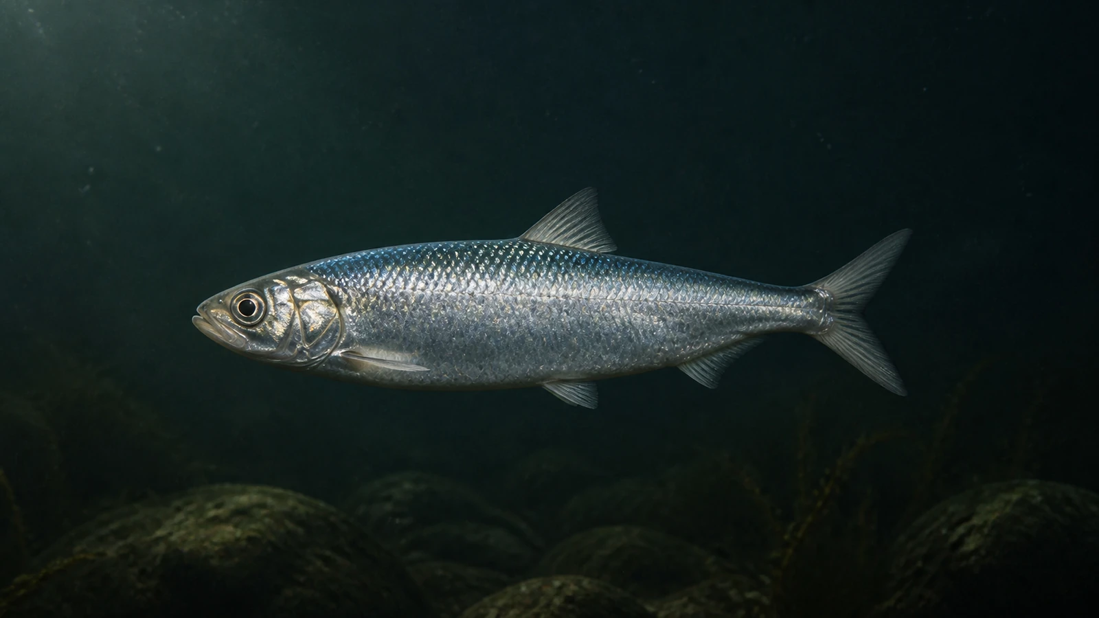 En silverblank strömming i sidoprofil över en mörk stenbotten i Östersjön.