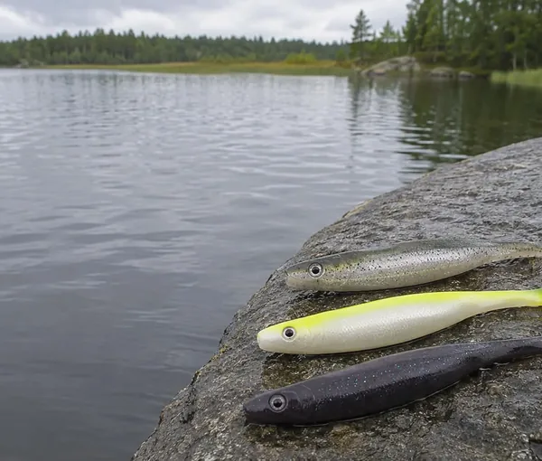 Tre gäddjiggar i olika färger – naturfärgad, vit och gul, och svart – upplagda på en klipphäll vid en skogssjö.
