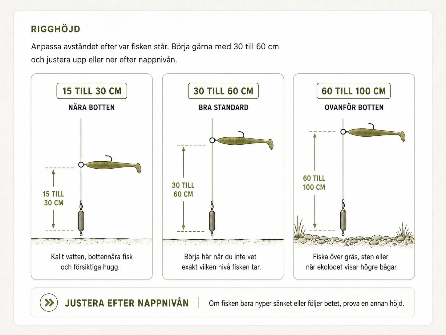 Rigghöjd: tre avstånd mellan krok och sänke jämförda. 15 till 30 cm nära botten för kallt vatten, bottennära fisk och försiktiga hugg. 30 till 60 cm som standard att börja med när du inte vet vilken nivå fisken tar. 60 till 100 cm ovanför botten när du fiskar över gräs och sten eller när ekolodet visar högre bågar.