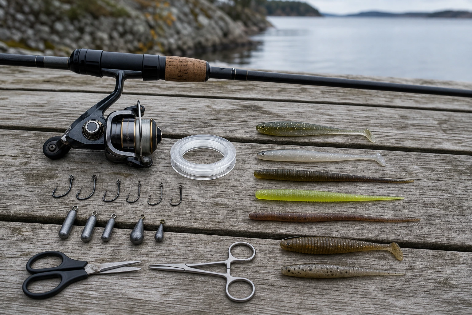 Dropshotutrustning upplagd på en brygga: spinnspö med haspelrulle, en rulle fluorocarbontafs, dropshotkrokar, cylinderformade sänken i flera vikter, sax och peang, samt smala mjukbeten i naturliga och klara färger.