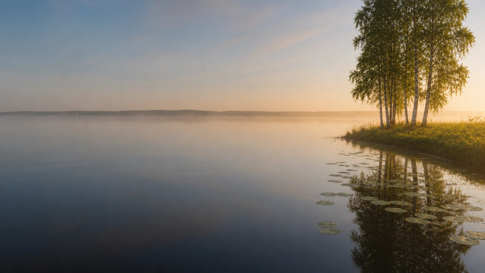 Stilla sommarsjö i gryningsdimma med näckrosblad längs strandkanten och björkar i varmt lågt morgonljus.