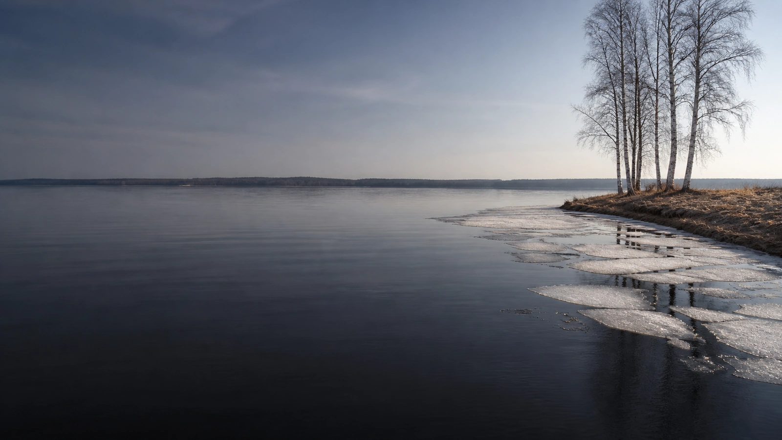 Sjö i vårupplösning där de sista isflaken ligger kvar längs stranden intill öppet vatten, med kala björkar och kallt klart ljus.
