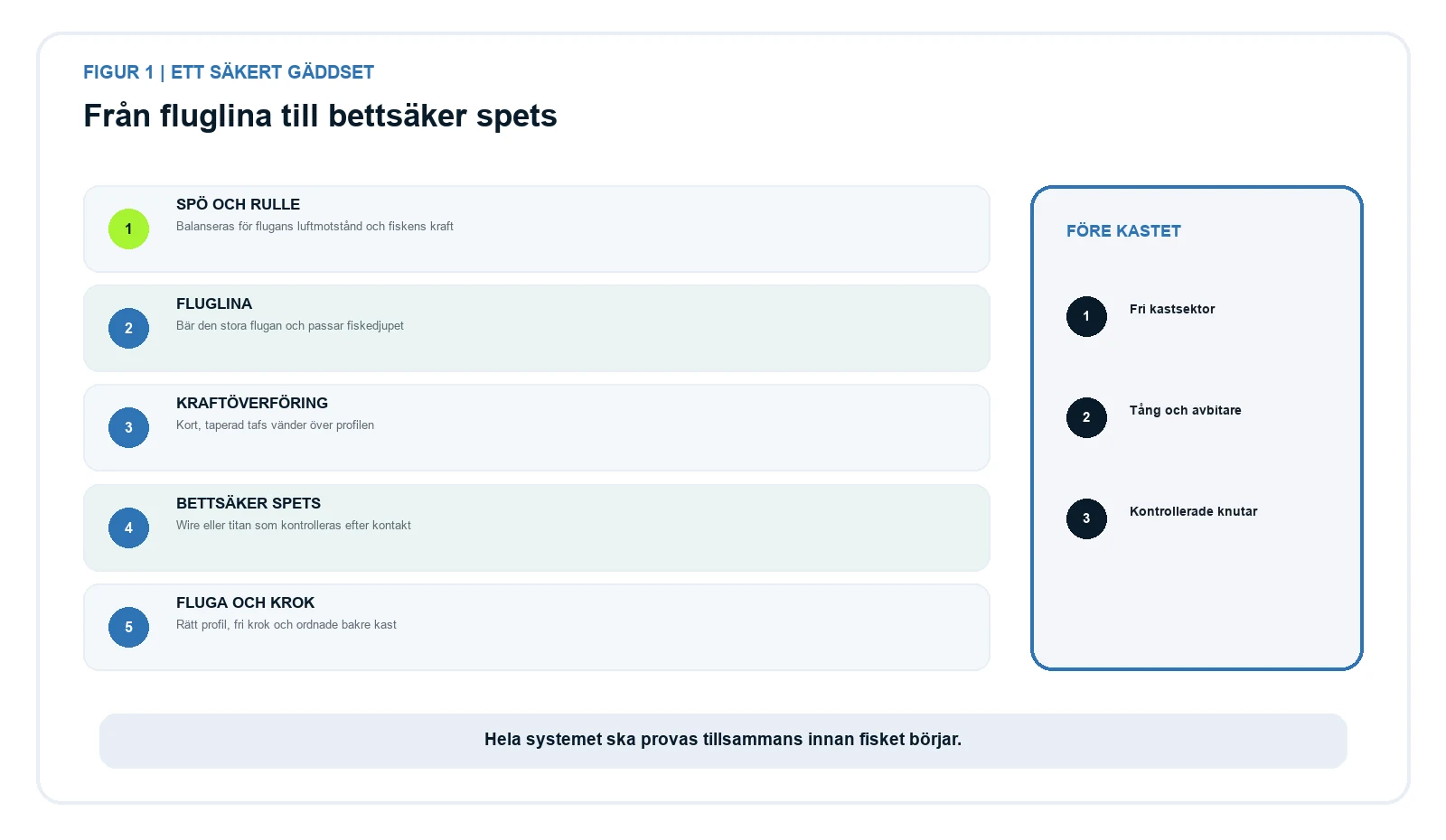 Fem delar i ett gäddflugset: spö och rulle, fluglina, tafs, bitsäker spets samt fluga och krok.