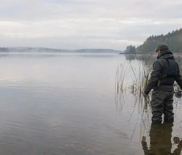 Flugfiskare i vadarbyxor står vid en vasskant i ett dimmigt, stilla vatten.