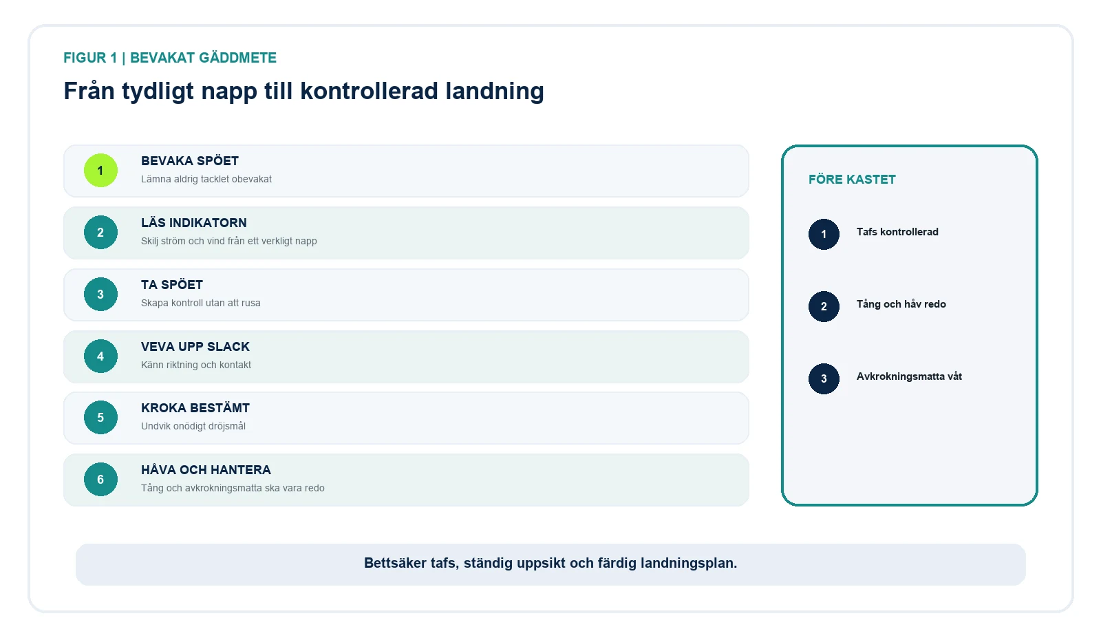 Fem steg i gäddmete från bevakat spö och tydligt napp till kontrollerad krokning och landning.