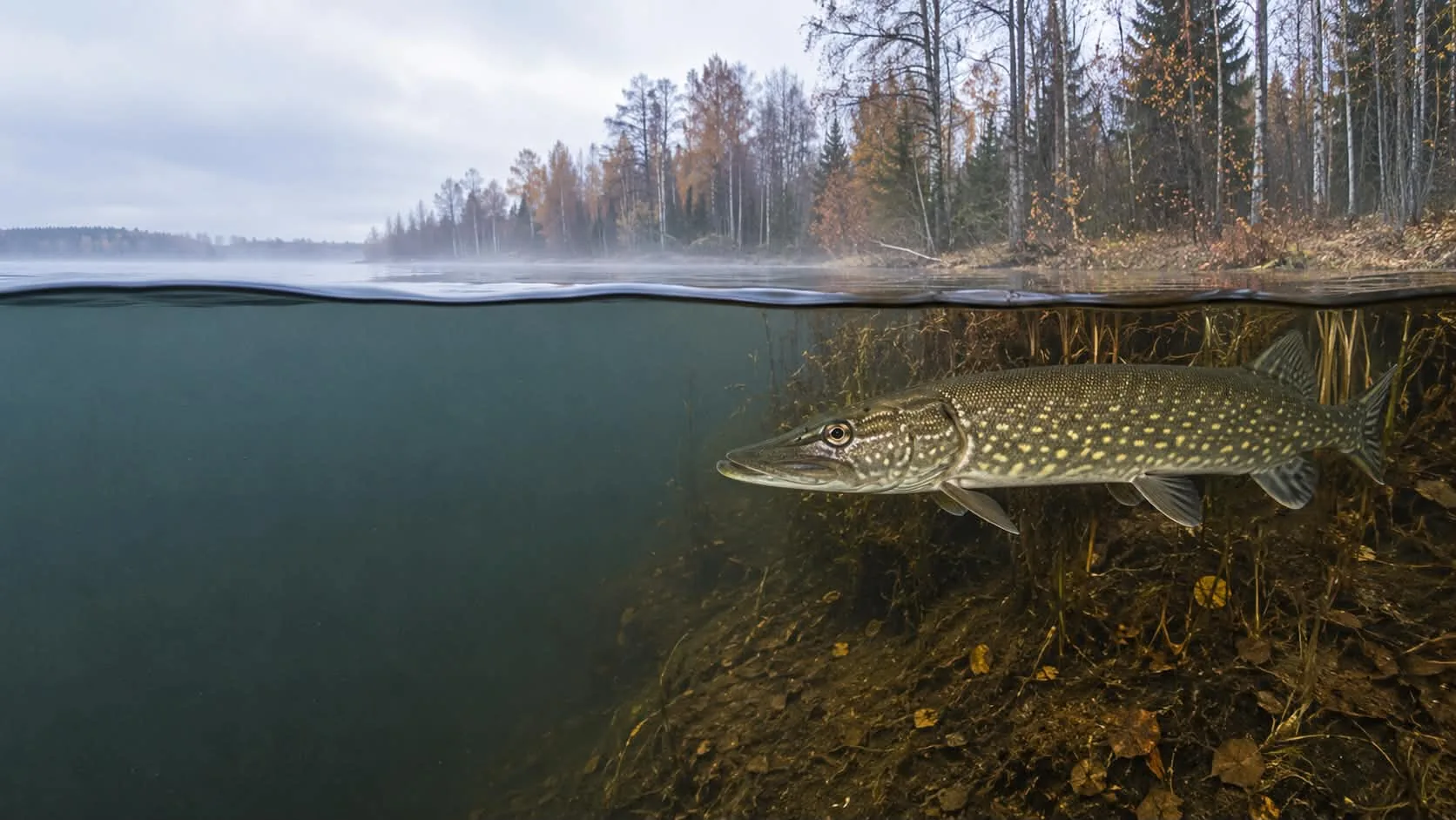 Gädda under ytan längs en höstfärgad strand, fotograferad halvt över och halvt under vattnet.
