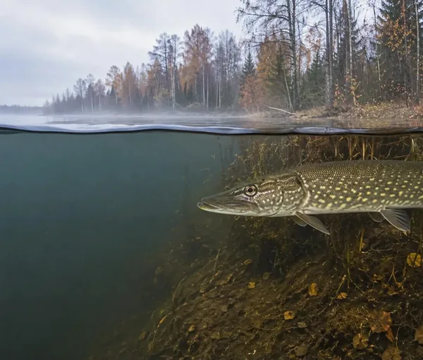 Gädda under ytan längs en höstfärgad strand, fotograferad halvt över och halvt under vattnet.