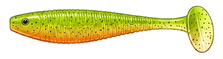 Jigg i triggerfärg: chartreusegrön kropp med orange buk.