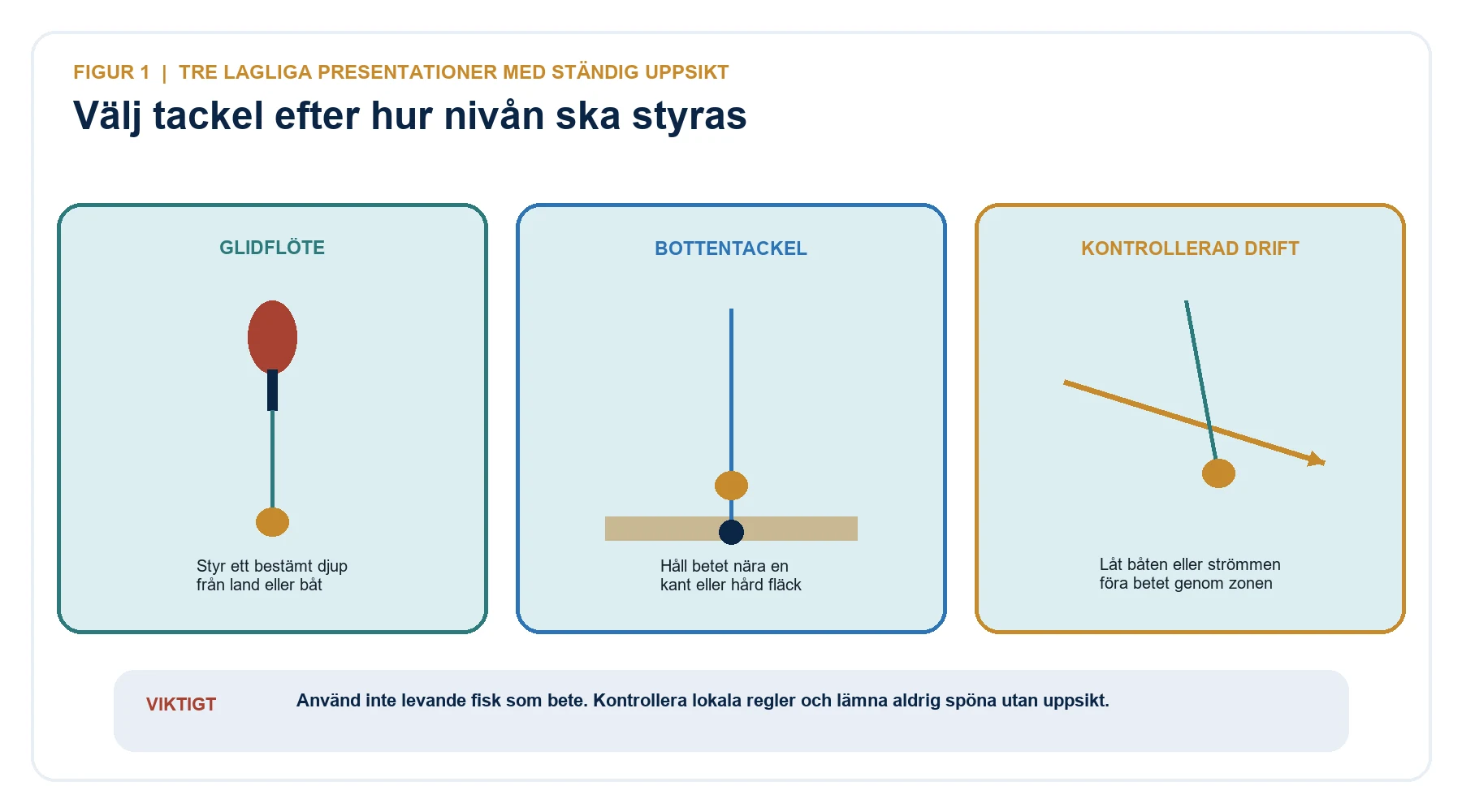 Tre metoder för gös: glidflöte, bottentackel och kontrollerad drift med död betesfisk.