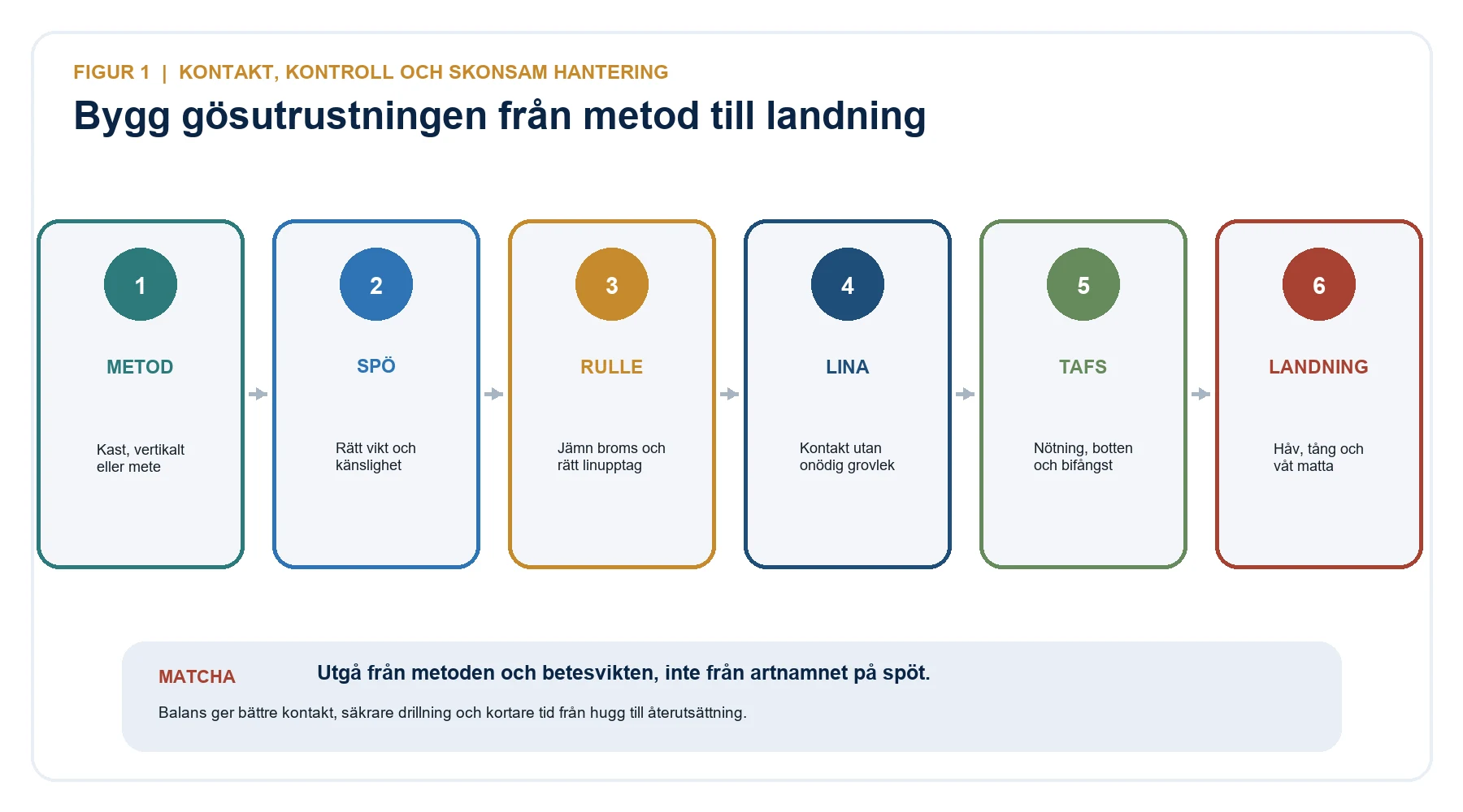 Utrustningskedja för gösfiske från metod och spö till rulle, lina, tafs och landning.