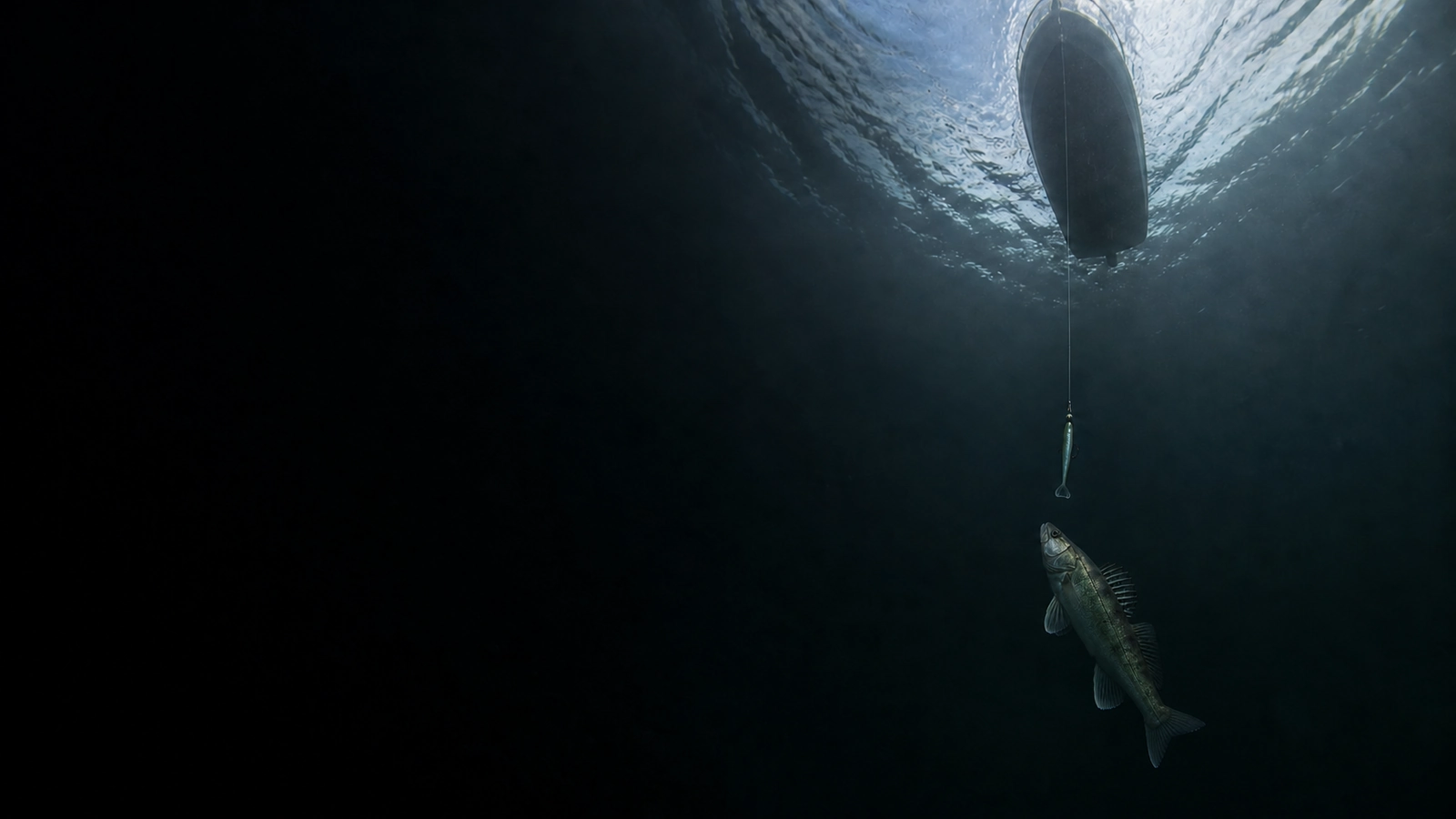 Gös rakt under en båt, sedd underifrån mot skrovet i ytan, med ett vertikalbete på lodrät lina framför fisken.