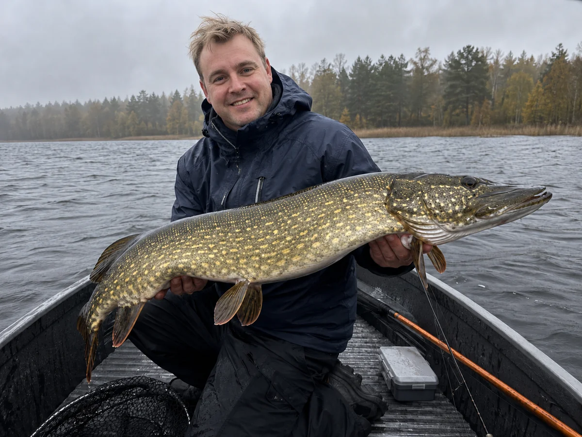 Mattias Fransson i båten med en gädda, en dimmig höstdag på sjön.
