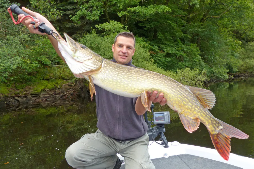 Fiskare poserar med fångad gammelgädda efter lyckat gäddfiske i sötvatten.