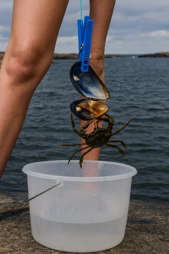 Fiska krabbor med klädnypa och blåmussla som agn – krabba på väg ner i hink