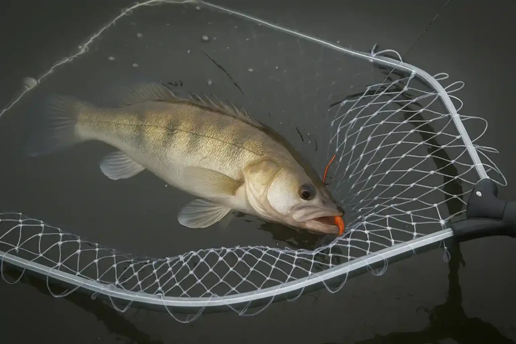 Gös i håv vid vattenytan med jigg i munnen, visar hur en fångad gös landas skonsamt vid gösfiske.