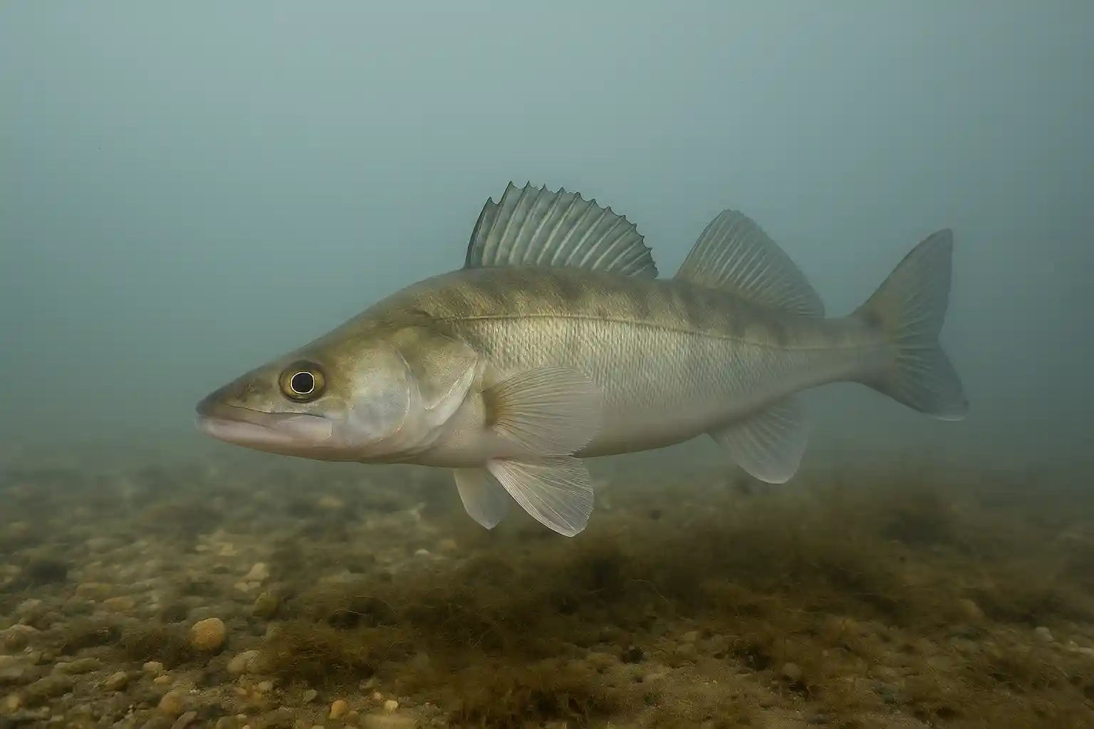 Gös som står nära botten i kallt vårvintervatten, ett typiskt beteende under tidigt gösfiske när fisken håller sig djupt.