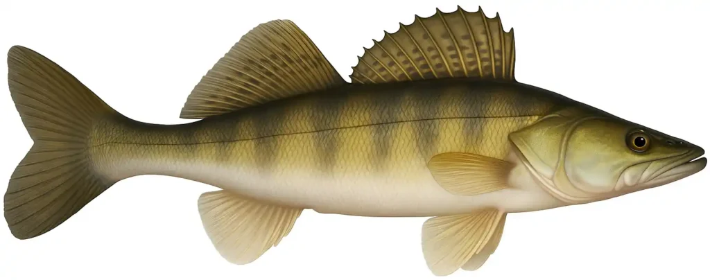 Illustration av en gös med tydliga fenor och teckningar, använd som faktabild i en guide om gösfiske.
