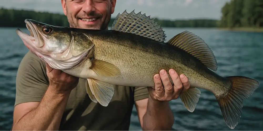 Person som håller en stor gös vid vattnet, tydligt exempel på gösfiske och hur en fångad gös ser ut när man använder rätt utrustning.