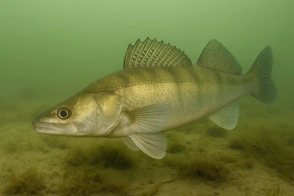 Gös som simmar över grunt, skyddat lekområde i maj – visar hur gösen rör sig inför och under leken.