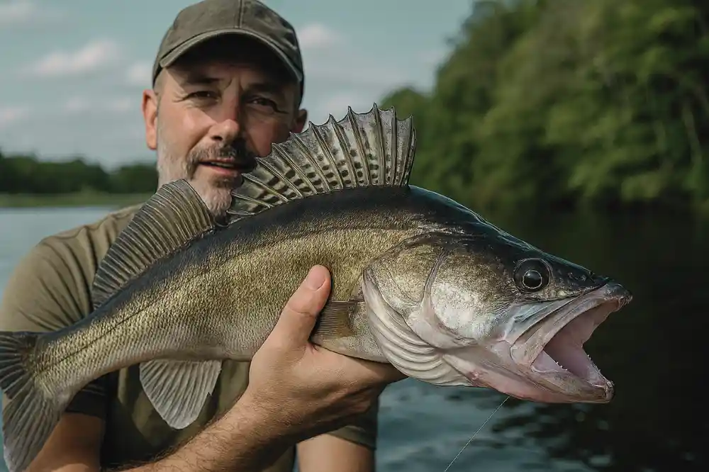 Person som håller en stor gös vid vattnet, tydlig illustration av gösfiske och hur en fångad gös ser ut på rätt plats.
