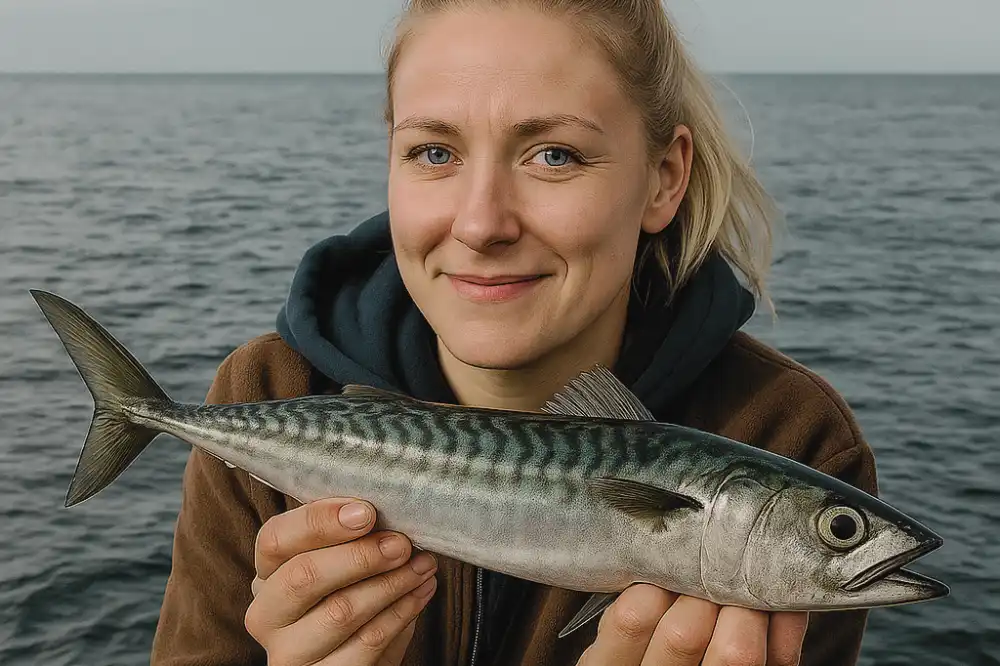 Person som håller en makrill framför sig ute på havet, en typisk situation vid makrillfiske och när man vill lära sig fiska makrill.