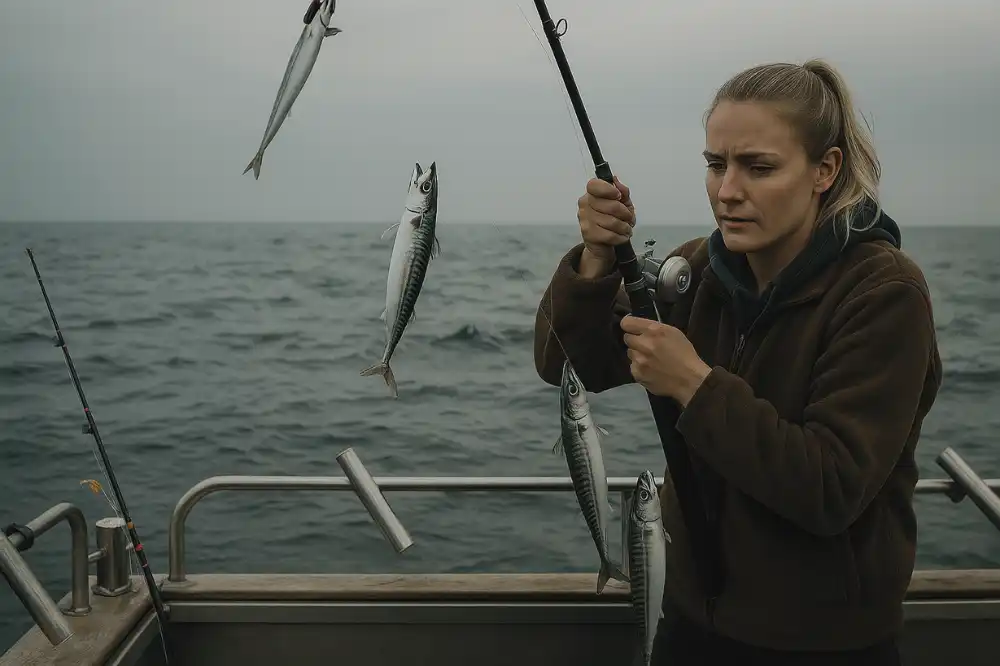 Person som fiskar makrill från båt och vevar in flera makrillar samtidigt, en realistisk situation inom makrillfiske och när man vill lära sig fiska makrill.